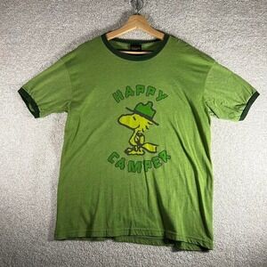 Vintage 90s Peanuts Woodstock happy camper Changes green ringer tshirt